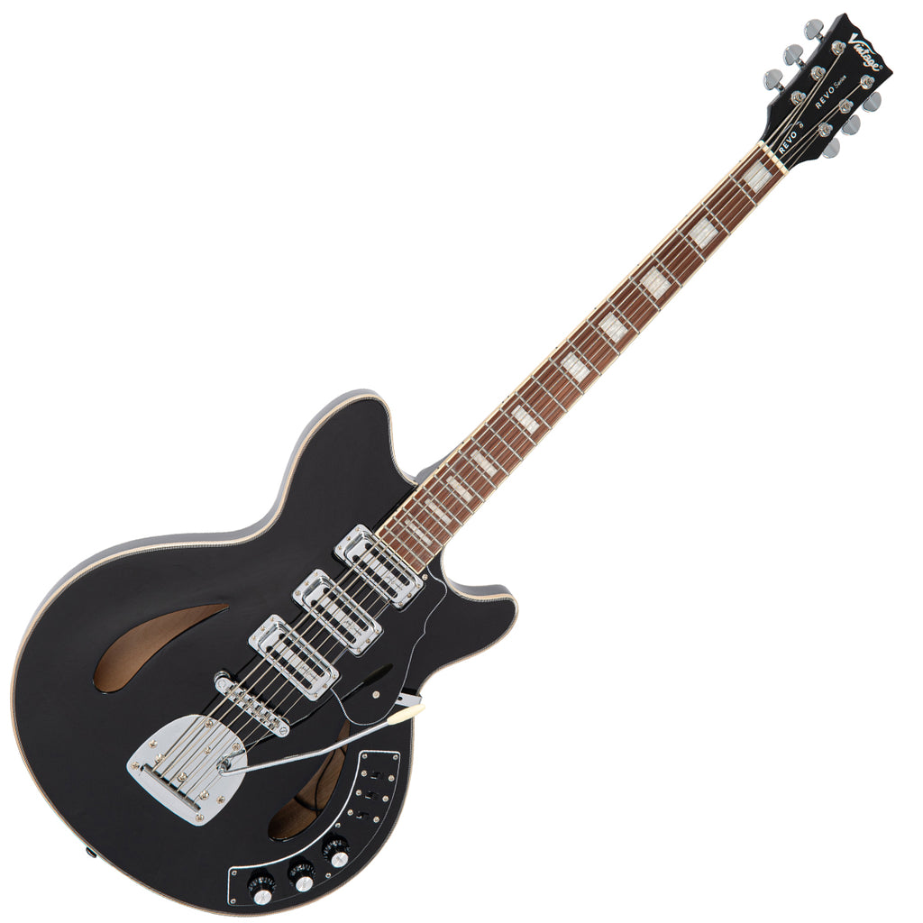 Vintage REVO Series 'Custom Supreme Baritone VI' Semi-Acoustic Guitar ~ Boulevard Black